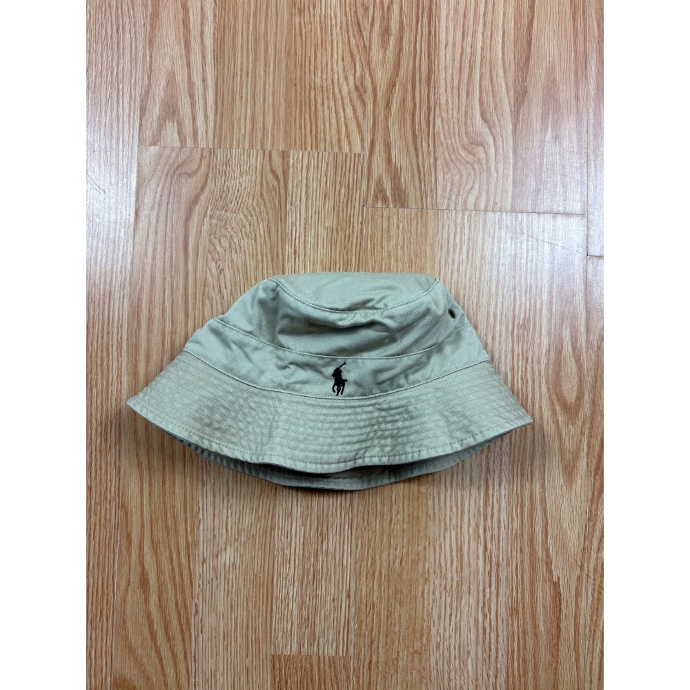 Polo Ralph Lauren Khaki Tan Cotton Twill Bucket Hat Navy Blue Pony Medium